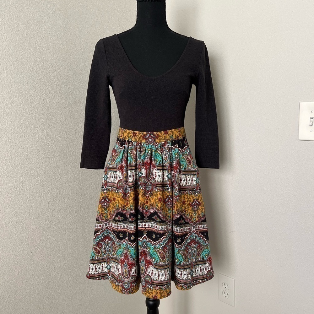 Maeve Anthropologie Black Boho Paisley Scoop Neck Half Sleeve Dress